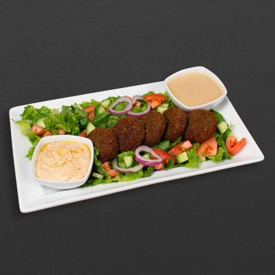 Falafel plate with salad and hummus.