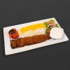 Kebab barg plate with rice, salad, and tomato.